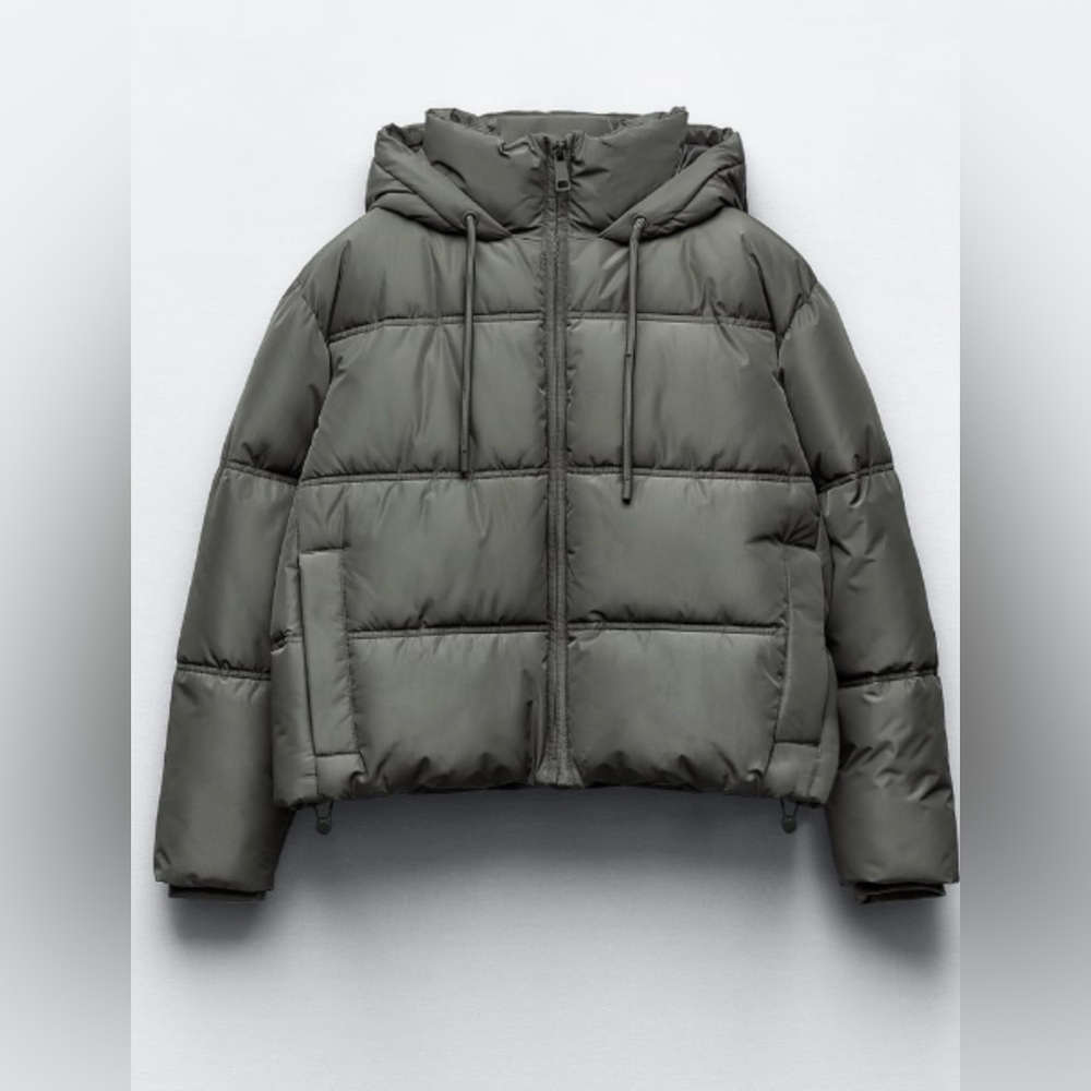 NWT - Zara WATER AND WIND PROTECTION QUILTED CROPPED ANORAK Puffer in Khaki - XS